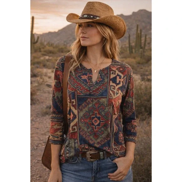 Lauren Jeans Co Ralph Lauren Top Women L Henley Aztec Southwest Boho Western - Picture 1 of 8